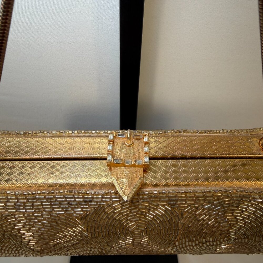 Vintage 50s Gold Beaded Minaudière Clutch Evening Bag Purse - Picture 10 of 16